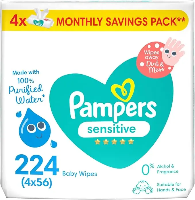 Pampers Sensitive Wipes 224 Baby Wipes 4x 56 Wipe 0% Achel & Fragrance