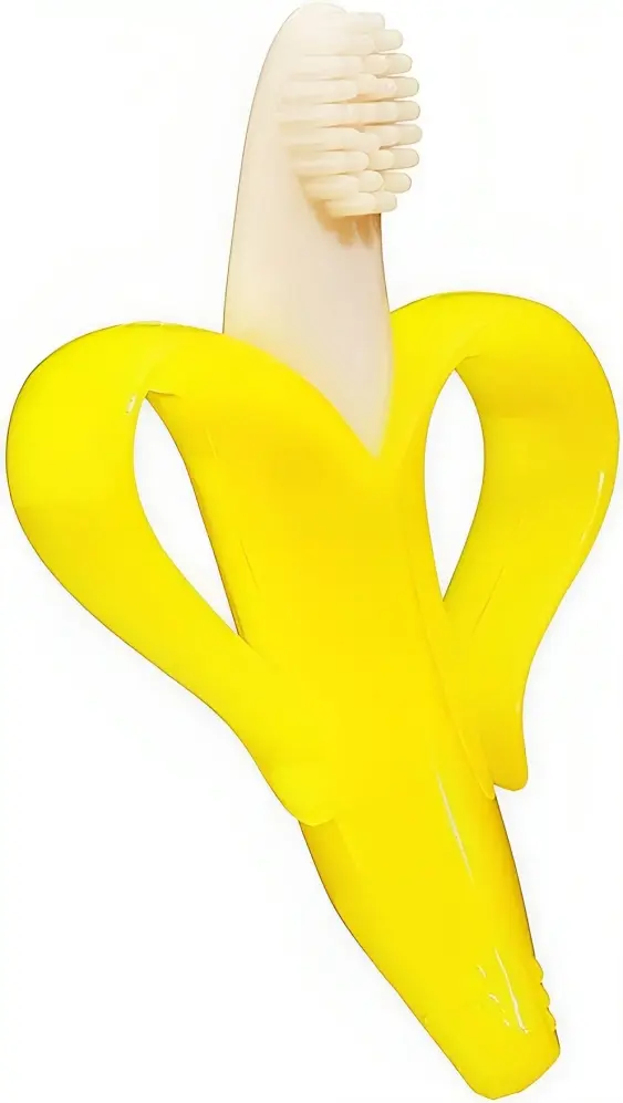 Silicone banana teether and toothbrush in a box
